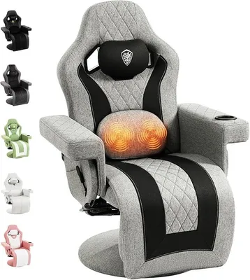Produktbild von Relaxsessel Gaming Sessel mit Shiatsu Massagefunktion, Fernsehsessel mit Liegefunktion 90°–135° und Fußstütze, 360° drehbarer Gaming Stuhl ohne Rollen, Getränkehalter, Seitentaschen, Grau