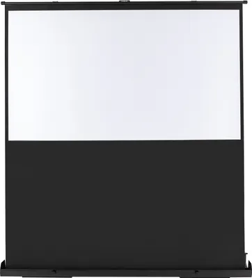 A front view of a projector screen with a white projection surface and a black base.