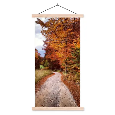 Produktbild von MuchoWow® Textilposter Herbst - Herbstblätter - Weg - Wald 60x120 cm mit holzfarbenen Rahmen - Holz