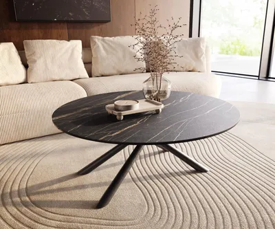Produktbild von DELIFE Couchtisch Edge Rund 100x100 cm Keramik Laminam® Noir Desir Braun Sarity Metall Schwarz