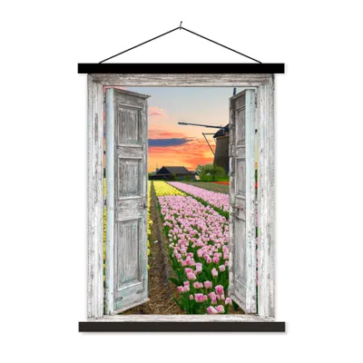 Produktbild von MuchoWow® Textilposter Ausblick - Tulpen - Mühle - Abend 60x80 cm mit schwarzem Rahmen - Plakathalter