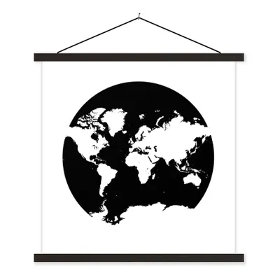 Produktbild von MuchoWow® Textilposter Weltkarte - Kreis - Schwarz und weiß 120x120 cm mit schwarzem Rahmen - Aufhängungsset
