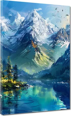 Produktbild von Berglandschaft mit See modern farbenfroh Leinwandbild Wandbild XL Wanddeko: 75x100x4cm