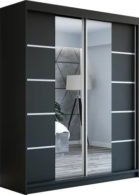 A modern, dark gray sliding door wardrobe with mirrored panels.