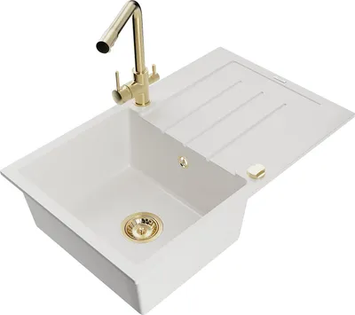 Produktbild von Mexen Bruno 1 Becken-Granitspüle mit Abtropffläche und Mischbatterie Duero, Weiß - 6513-20-671600-50