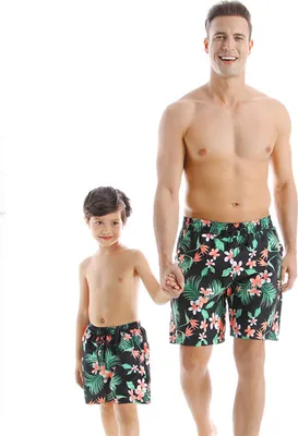 Produktbild von 2 Stück Eltern-Kind-Outfit Badehosen Herren Badehosen Jungen Beachhosen Grün+Schwarz, Größe L