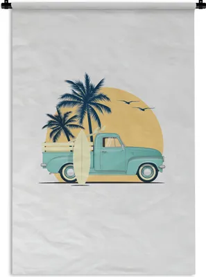 Produktbild von MuchoWow® Wandteppich Wandbehang Auto - Strand - Surfbrett - Zeichnung 90x135 cm Tapisserie Dekoration Wandtuch - Baumwolle - Wandskulptur