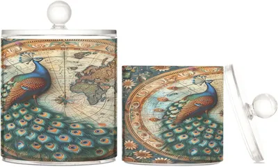 Produktbild von Süßigkeiten-Organizer mit Deckel, Vintage-Pfauenmuster, transparenter Kunststoff, mit Deckel, Büroutensilien, dekorativer Aufbewahrungsbehälter für Wattestäbchen, Wattepads, Zahnseide-Picker