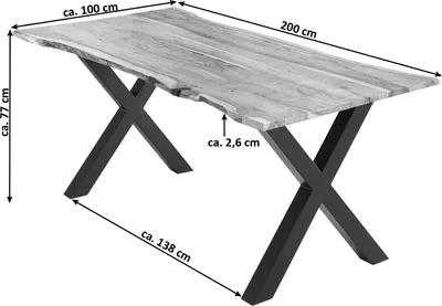 Produktbild von Esstisch 200x100 cm Burgos, Akazienholz massiv + naturfarben + lackiert, echte Baumkante, Baumkantentisch mit X-Gestell aus Metall schwarz, Tischplatte 26 mm
