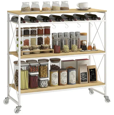Immagine prodotto di Carrello Portavivande a 4 Livelli 96,5x38x96,7 cm con Portabottiglie in Legno e Metallo Bianco