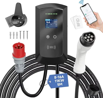 Immagine prodotto di Caricabatterie portatile per veicoli elettrici, tipo 2, 11 kW, trifase, cavo da 5 metri, con spina CEE