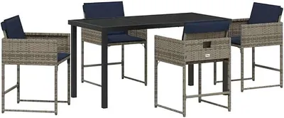 Immagine prodotto di Set da pranzo per esterno con cuscini, 5 pezzi, grigio - Set di mobili da giardino in rattan sintetico per 4 persone, composto da un tavolo da giardino con piano in vetro e 4 sedie da giardino, ideale per terrazza, balcone e giardino