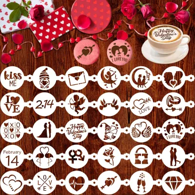 30er Set Valentinstag Kaffeeschablonen, Cappuccino Latte Dekoration