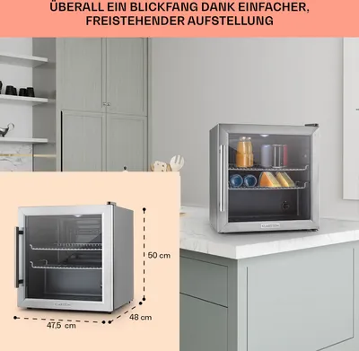 Produktbild von Klarstein Mini Kühlschrank mit Glastür, Mini-Kühlschrank für Zimmer, Getränkekühlschrank Klein mit Verstellbaren Ablagen, Kleiner Kühlschrank 47 Liter, Indoor/Outdoor Kühlschrank Leise