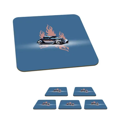 Obrázok produktu pre MuchoWow® Podložky pod sklo Square Set of 6 Car - Blue - Flames - Vintage 10x10 cm Podložky pod poháre - Podložky pod nápoje - Ochrana stolovej dosky - Podložky pod poháre Stolové barové sklo