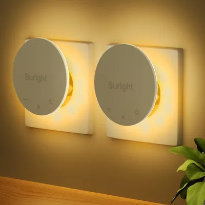 Produktbild von Suright 2 Stück Nachtlicht Steckdosen, Nachtlichter mit Bewegungsmelder, Hinterleuchtete, Helligkeit Dimmbare, 3 Modi, 2700K Warmweiß, 30LM für Flur, Treppe, Schlafzimmer, Kinderzimmer