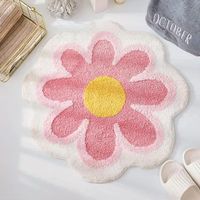 Image de Tapis de bain rose à motifs floraux, 65x65 cm. Tapis de bain antidérapant en microfibre, lavable