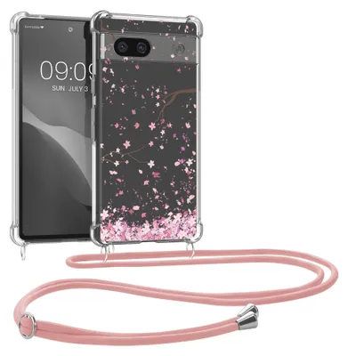 Produktbild von kwmobile Necklace Case kompatibel mit Google Pixel 7a Hülle - Silikon Cover mit Handykette - Rosa Dunkelbraun Transparent Kirschblütenblätter