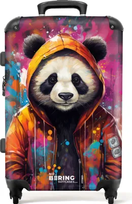 Obrázek produktu pro NoBoringSuitcases.com® Velký kufr - Panda s oranžovým kabátkem a barevnými skvrnami - Kombinovaný zámek TSA - Pevná skořepina na kolečkách - 4 kolečka - 72 litrů - Cestovní kufr - 66 cmKufr Medium 67x43x25 cm, 72L,