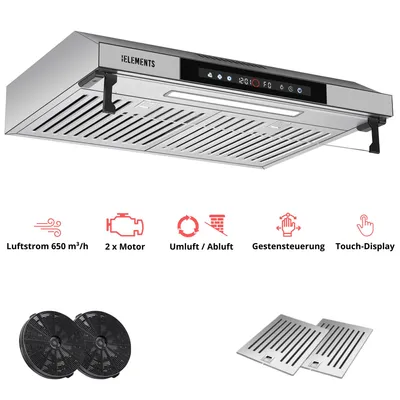 Produktbild von KB ELEMENTS Dunstabzugshaube unterbau 60cm, unterbauhaube 60 cm, 650 m³/h, Touch- und Gestensteuerung, Doppelter motor, Abluft, Umluft