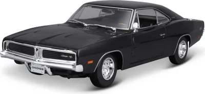 A black 1969 Dodge Charger R/T model car is shown from a three-quarter front angle against a white background.