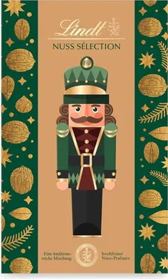 A box of Lindt Nuss Selection Pralines featuring a nutcracker illustration.