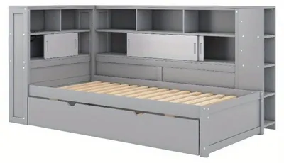 Obrázek produktu pro Denní lůžko - 90x200 a 90x190 cm - Šedá barva - S výsuvnou postelí - S úložným prostorem - Bez matrace