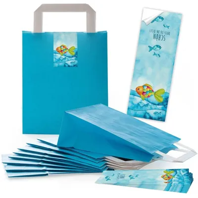 Produktbild von Logbuch-Verlag 25 Geschenktüten blau türkis mit 25 Geschenkaufklebern bunt mit Herzen Geschenkverpackung Geburtstag Kindergeburtstag Weihnachten MitgebseltüteWeihnachtsbaum gelb grün / 10 Stück