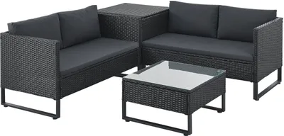 Produktbild von Juskys Polyrattan Lounge Santorini - Sitzecke mit Beistelltisch & Auflagenbox - Schwarz