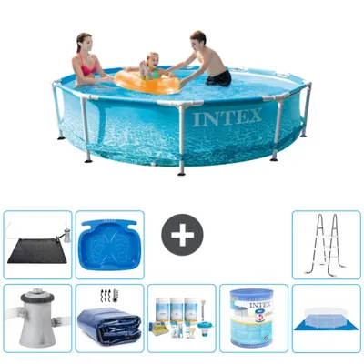 Produktbild von Intex Rundrahmen-Schwimmbecken – 305 x 76 cm – Wasserdruck – inklusive Pumpe Sonnensegel - Wartungspaket - Filter - Bodenplane - Solarmatte - Leiter