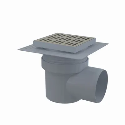 Immagine prodotto di AlcaDrain Bodenablauf 150×150/110 mm mit einem waagrechten Abgang, Edelstahl Rost, Manschette-2. Abdichtung, Geruchsverschluss mit Sperrwasser