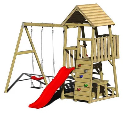 Produktbild von Wendi Toys Holz Spielturm Flamingo mit Rutsche, Kletterwand, 2 Schaukeln & Picknicktisch Natur 280x340x270 cm