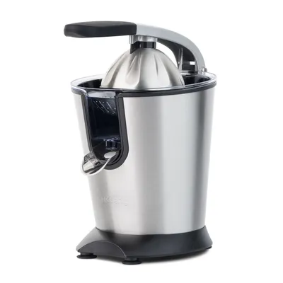 A silver and black electric citrus juicer is shown against a white background.