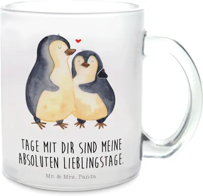 Produktbild von Mr. & Mrs. Panda Teetasse Pinguin umarmen - Transparent - Geschenk, Häferl, Liebe, Pott, Henkelbecher, Trinkglas, Hochzeitstag, Tee Tasse, Hochzeitsgeschenk, Paar