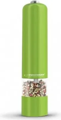 A close-up studio shot of a green electric pepper grinder filled with peppercorns.