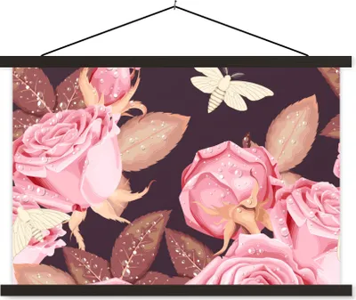 Produktbild von MuchoWow® Textilposter Rosen - Schmetterlinge - Rosa - Weiß 60x40 cm mit schwarzem Rahmen - Hölzernes
