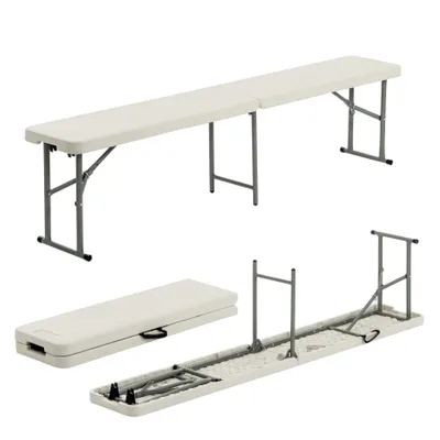 A white folding bench shown in three different configurations: fully assembled, folded, and partially disassembled.