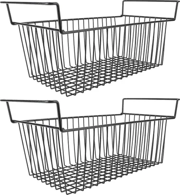 Obrázek produktu pro 2ks Organizér do mrazničky s hlubokým košem Kovový drátěný stohovací stohovač černý D56,5 cm x Š25,2 cm V24 cm (7 cm rukojeť)