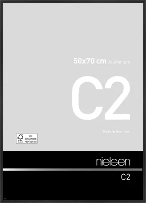 A product image of a Nielsen C2 aluminum picture frame, 50x70 cm, with black matte texture. The image features the product's specifications and branding.