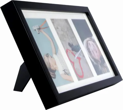 A black multi-photo frame with three vertical photo slots, displayed at an angle on a white background.
