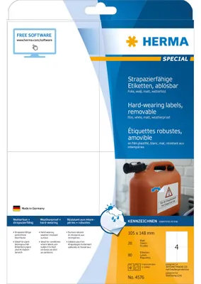 Obrázok produktu pre HERMA 4576, Biela, Odnímateľné, A4, -30 - 80 °C, 105 mm, 148 mm