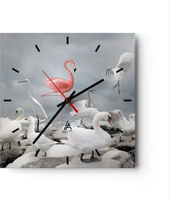 Produktbild von Wanduhr - Quadrat - Glasuhr - Flamingo Schwan Fantasie - 40x40cm - Schleichendes Uhrwerk - Lautlos - zum Aufhängen bereit - Dekoration Modern - Wanddekoration aus Glas - C3AC40x40-4929