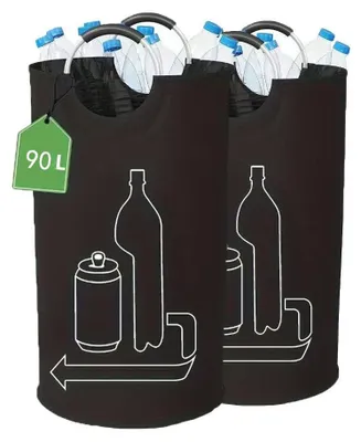 Two black recycling bins filled with plastic bottles, with a tag indicating capacity.