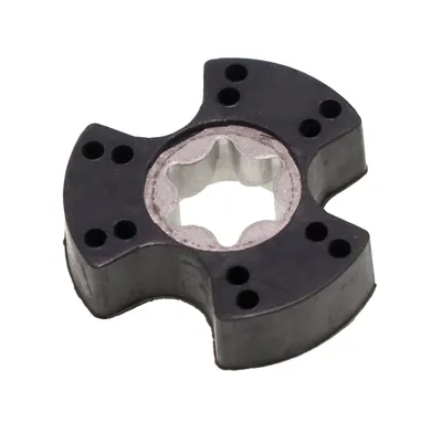 A close-up studio shot of a black and silver motor coupling on a white background.