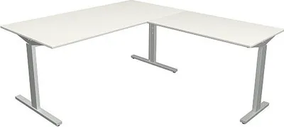 Imagen del producto de Escritorio Kerkmann, modelo 2, 160x80x70-82 cm, con mesa auxiliar de 100x60 cm, patas en forma de "T", color aluminio plateado y blanco