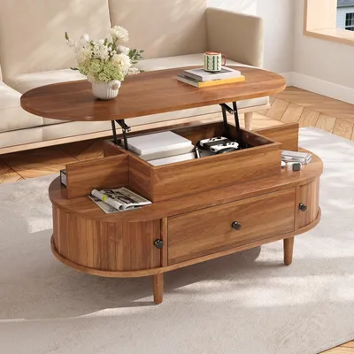Productafbeelding van MODFU Salontafel, verstelbare woonkamertafel met verborgen opbergruimte, salontafel met poten van rubberhout, salontafel met lade en schuifdeuren, walnoot