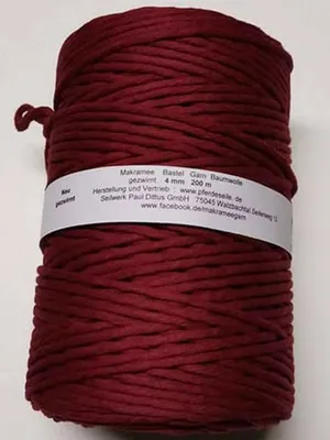 Produktbild von Makrameegarn Makramee Baumwollgarn Bastelgarn PURPURROT  200 Meter 4 mm GEZWIRNT