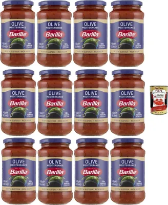 Produktbild von Barilla Olive Mediterranee Pasta-Sauce – 12 x 400 g (4,8 kg) | Tomaten mit grünen & schwarzen Oliven, mediterran & fruchtig – servierfertig, ohne Konservierungsstoffe + Italian Gourmet polpa
