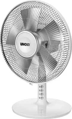 A white table fan is shown from the front.