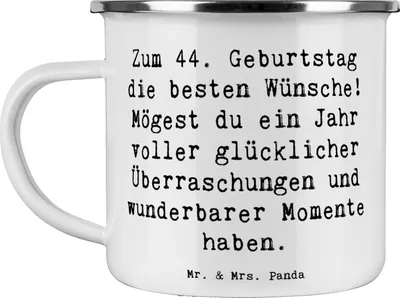 Produktbild von Mr. & Mrs. Panda Teetasse Spruch 44. Geburtstag Glückwünsche - Weiß - Geschenk, Freude, wunderbare Momente, Haferl, Reisebecher, Teebecher, Emaille Tasse, Glückwunsch
